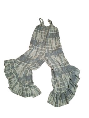 Japna Slate GRay WHITE TIE Dyed Bohemian Ruffled Hem Jumpsuit Lady Small HIPPIE